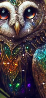 Vibrant fantasy owl with colorful feathers and a bokeh background.