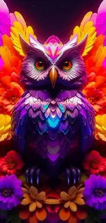 Vibrant owl surrounded by colorful flowers in an abstract style.