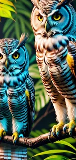 Vibrant wallpaper featuring two owls perched in a lush forest scene.