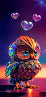 Colorful owl with hearts mobile wallpaper.