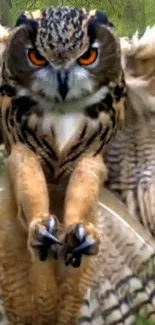 Owl flying against green forest background, vibrant and majestic.