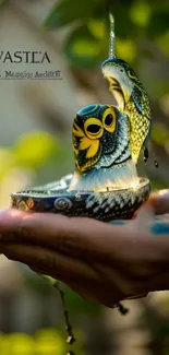 Artwork of a vibrant owl in hands with green background.