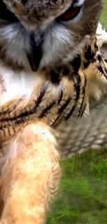 Close-up of an owl in a lush green forest.