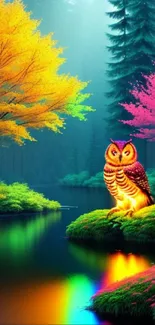 Vibrant owl perched in a colorful mystical forest scene.