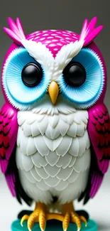 Vibrant cartoon owl with colorful design in pink and blue hues for mobile wallpaper.