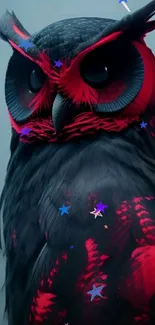 Owl with vibrant red and black feathers on mobile wallpaper.