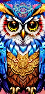 Vibrant and colorful owl artwork with intricate patterns as phone wallpaper.