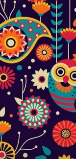 Colorful owl with vibrant flowers on a navy background.