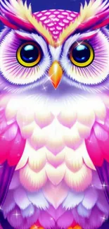 Colorful owl artwork with pink and purple feathers.