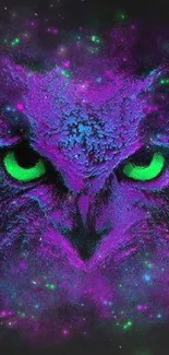 Purple and green cosmic owl phone wallpaper with glowing eyes.