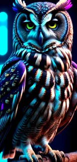 Vibrant owl with neon highlights in a colorful digital art design.