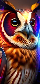 Vibrant artistic owl with colorful plumage and sharp eyes on a wallpaper background.