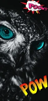 Owl with turquoise eyes and comic-style POW text on black background.