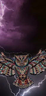 Colorful owl with lightning background in purple storm.