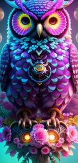 Colorful owl with neon colors and flowers in vibrant design.