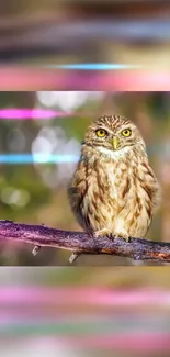 Majestic owl perched with vibrant neon glow on a colorful branch.