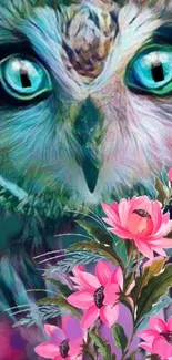 Colorful owl and pink flowers wallpaper for mobile screen.