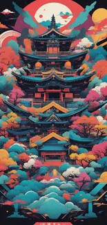 Colorful temple amidst vibrant abstract clouds.