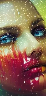 Artistic portrait with vibrant dripping paint on a colorful background.