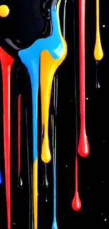 Vibrant paint drips on a black background, forming a colorful abstract design.