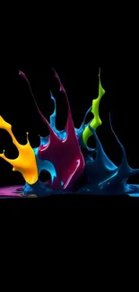 Colorful paint splashes on black background, perfect for mobile wallpaper.