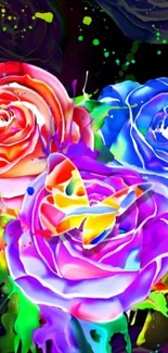 Vibrant painted roses with colorful splashes on black background.