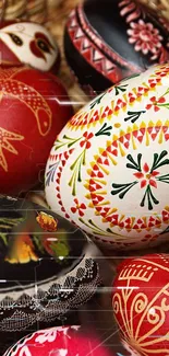 Vibrantly painted Easter eggs with intricate designs and patterns.