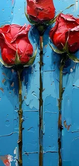 Three red painted roses on a blue textured background.