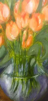 Vibrant tulip painting with orange flowers in a glass vase.