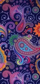 Vibrant paisley floral wallpaper with colorful intricate patterns and dark blue background.