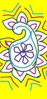 Hand-drawn colorful paisley design on a bright yellow background.