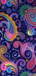 Colorful paisley mobile wallpaper with a dark blue background.