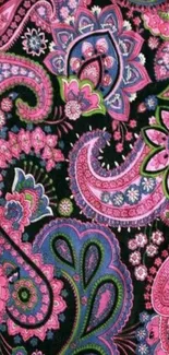 Vibrant paisley pattern wallpaper with pink and green shades.