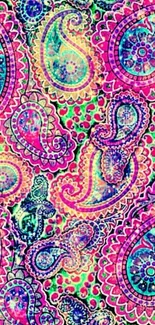 Vibrant pink, blue, and green paisley pattern wallpaper.