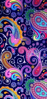 Vibrant paisley pattern wallpaper with colorful designs and navy background.