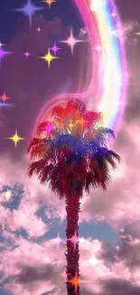 Palm tree against neon-lit sky with vibrant colors and dreamy effect.