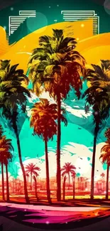 Vibrant palm trees with colorful beach backdrop on mobile wallpaper.