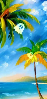 Vibrant beach scene with palm trees and ocean waves, in artistic style.