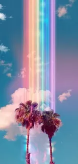 Vibrant palms with rainbow beams under a blue sky.