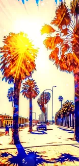 Vibrant palm tree street art under a sunny sky in bold colors.