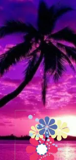 Silhouetted palm tree against a vibrant pink and purple sunset with colorful flowers.