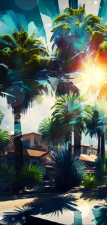 Colorful palm tree scene with bright sunburst and teal sky.