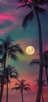 Colorful sunset with palm trees and a full moon.