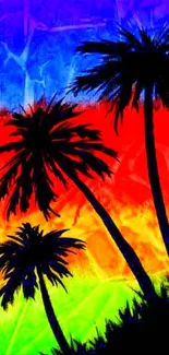 Silhouetted palm trees against a vibrant sunset gradient wallpaper.