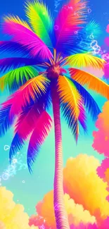 Vibrant palm tree with rainbow leaves against a blue sky and clouds.