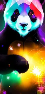 Bright, abstract panda design wallpaper with vibrant colors and digital art elements.