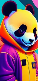 Colorful panda illustration in a vibrant hoodie design.