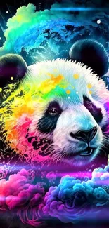 Vibrant panda surrounded by colorful clouds.