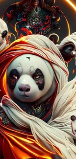 Vibrant fantasy-inspired panda wallpaper with vivid orange hues.