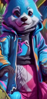 Colorful panda in hoodie with vibrant hues and playful design.